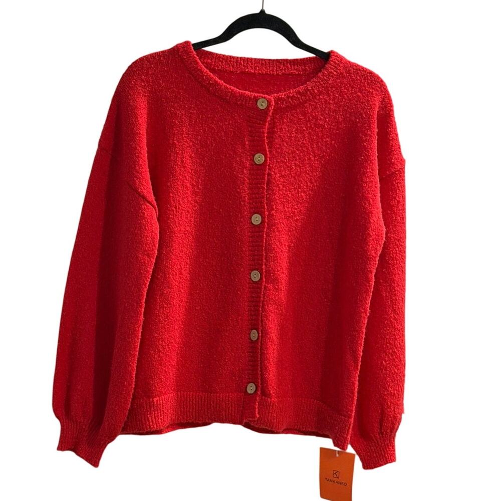 Tankaneo Red Textured Button Front Cardigan Sweater Women’s Large NWT Cozy Knit